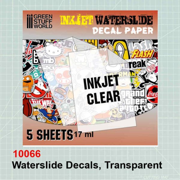 Waterslide Decals Print your own waterslide decals with this set of 5 sheets of printable decal paper. Decals are to be applied with water, no solvent required. You can also use some GSW Decal Softener and GSW Decal Fixer solutions to improve and protect the finish on uneven or rough surfaces. Use a computer to create your artwork, because copiers and printers cannot print white, they rely on the paper itself to supply the white component in lettering and artwork. To make a decal with white lettering and/or artwork, you would start with white film decal paper. Choose the proper type of paper according to your printer type, inkjet paper or laser paper. Remove any tissue-type sheet protector that may be present in the printable paper, and print that artwork directly onto the glossy side of the decal paper. For inkjet printing, we recommend using the "Transparency Plastic Film" (or foils) setting if your printer software supports this option. In all cases, you must immediately apply a few thin, but thorough, coats of fixative spray LINK to seal the printed image on the decal paper that will prevent ink from smearing, washing off, cracking or chipping during application. Sheets: 5 per package Size: 210 x 270mm (A4) BASIC INSTRUCTIONS 1.- Cut the decal out as close as you can to the outer edge of the image. For better results, use a brand new blade in your cutter. 2.- Pick the decal up with your tweezers and let your decal soak in water for about 20 seconds. Warm water may help with this process. 3.- Use a paintbrush to gently push the decal off the sheet and onto the model. That's all folks! ADVANCED INSTRUCTIONS 4.- Before applying it to the model, once the decal has soaked long enough, apply a bit of GSW Decal Fixer to the surface of the model where you are planning to set your decal. GSW Decal Fixer protects the paint beneath and smooths the surface, thereby helping to prevent silvering. Use a paintbrush to gently push the decal off the sheet and onto the model. If it is hard to move the decal around, adding bit more GSW Decal Fixer or water will help the decal float on the surface until it is positioned correctly. 5.- If the surface where you want to apply the flat decal is curved, like a shoulder pad, your decal could become wrinkled. To avoid this, once your decal is in place, apply GSW Decal Softener. Let the softener react and it will help remove wrinkles, as it adapts to the curved surface underneath. Repeat this step 2-3 times till wrinkles are removed. Remove any excess with a cotton swab to remove the liquid caught between the decal and the surface. Roll the swab over the decal so it does not lift from the surface. You can also use a paper towel to press down on the decal in a rolling motion to remove the excess of liquids. By using GSW Decal Softener the relief cuts to remove wrinkles in your decal will not be needed. 6.- Finally apply GSW Decal Fixer again to the decal and the surface of the model where we have been working to unify the surface. Coat it as normal with matt or gloss varnish if you consider it necessary to remove or add a glossy finish.
